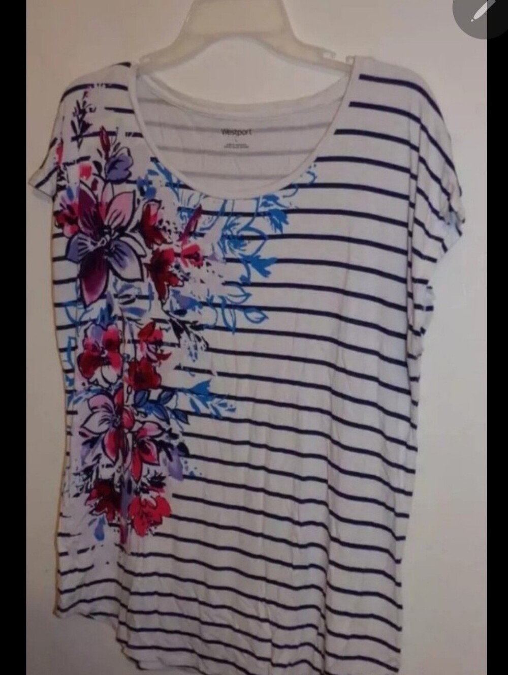Westport Womens White Blue Stripe Top w Multi Hue Floral Design sz Large (NEW!)